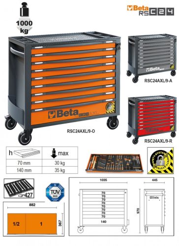 Beta RSC24AXL/9-R-9 FIÓKOS SZERSZÁMKOCSI BORULÁSGÁTLÓ RENDSZERREL, HOSSZÚ MODELL (024004293)