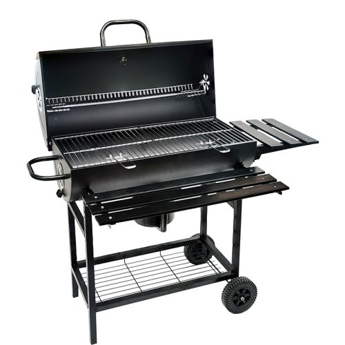 BORMANN ELITE FASZÉN GRILLSÜTŐ 70x35cm FEDŐVEL, OLDALSÓ ÉS ELÜLSŐ ASZTAL, HŐMÉRŐVEL ÉS 2 KERÉKKEL (BBQ1172)