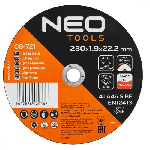 NEO Vágókorong, fémhez, 230x1,9x22,2mm, 41A 46 S BF INOX, 25db/cs (08-721)