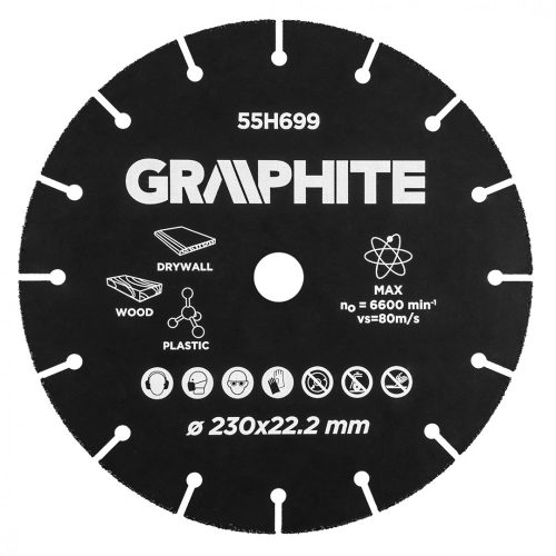 GRAPHITE Vágókorong, fához, műanyaghoz, volfrámkarbid, 230x22.2mm (55H699)